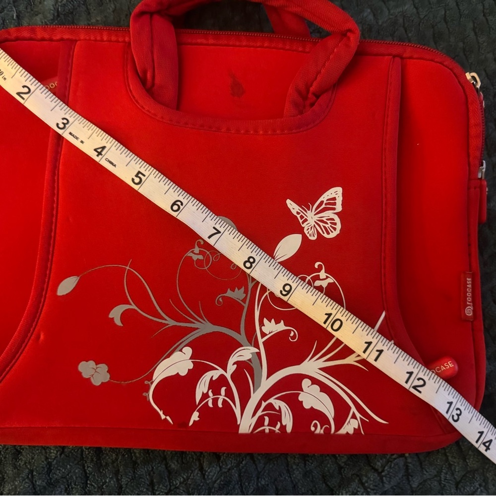 RooCase Red tablet or small laptop Bag with Butterfly Design